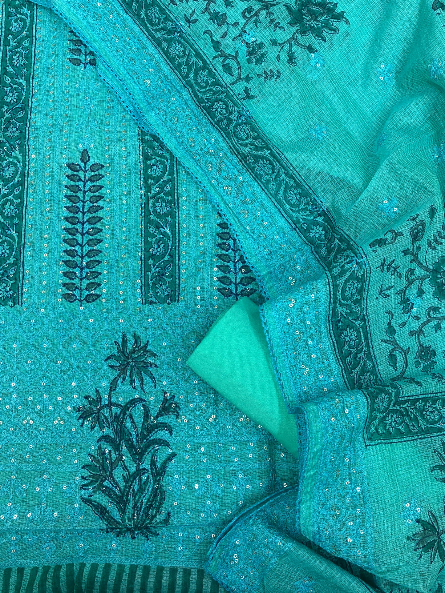 Kota Cotton Block Printed Suit Set with Schiffli Work (Firozi)