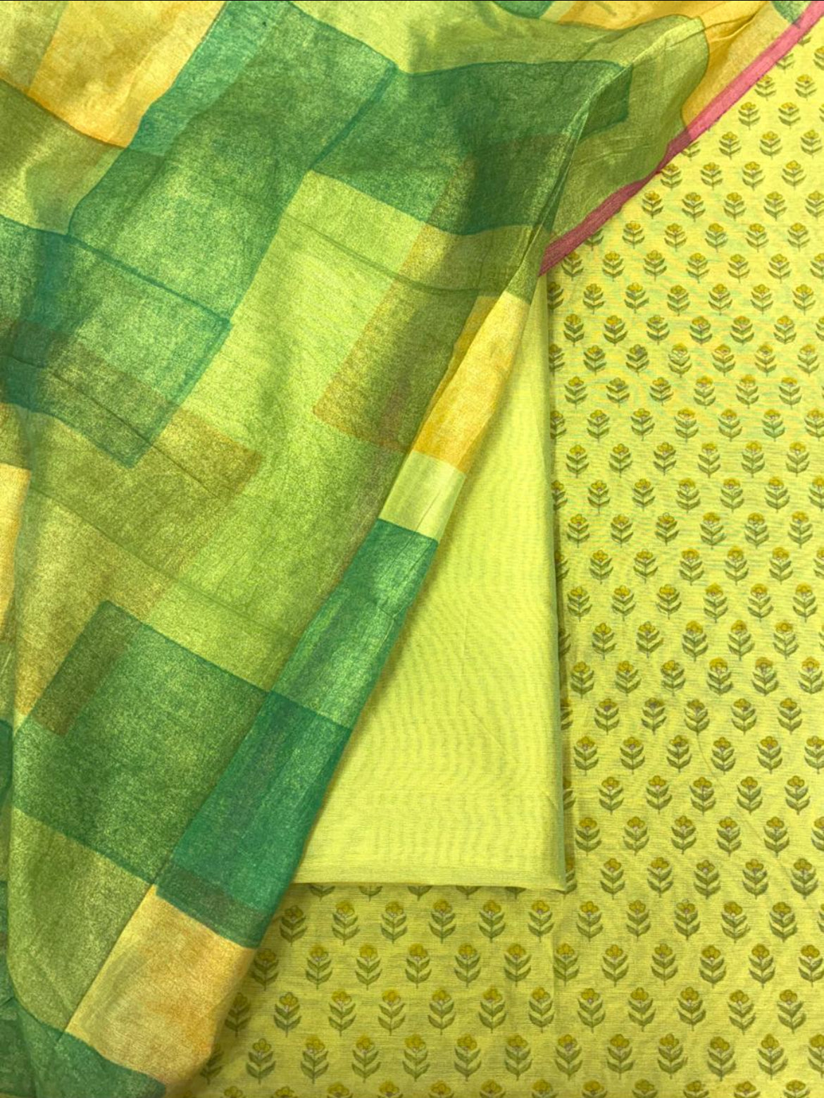 LemonGreen Chanderi Block Print Suit Set