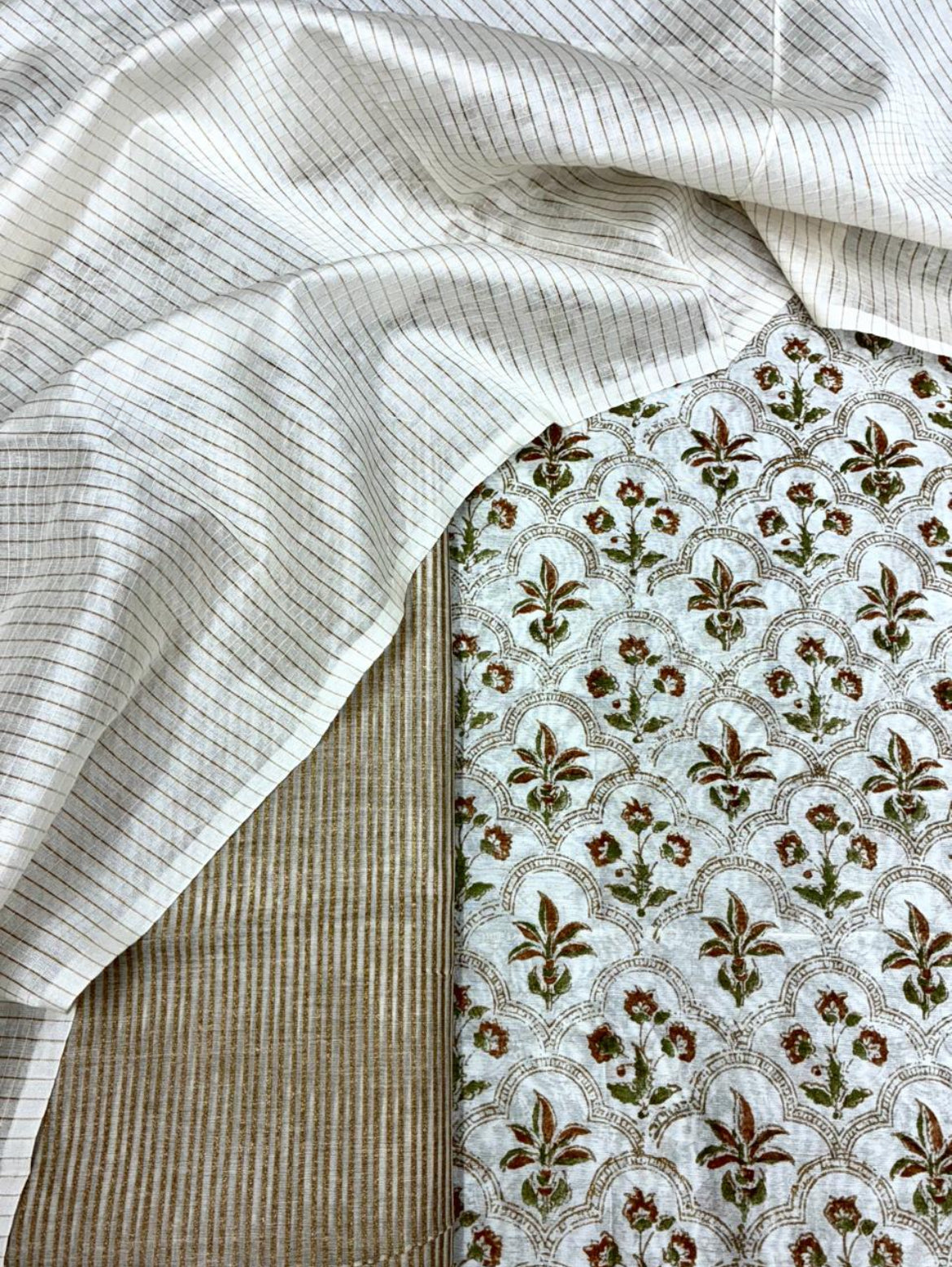 Off White Chanderi Block Print Suit Set