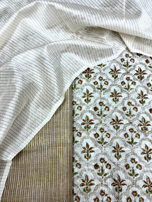 Off White Chanderi Block Print Suit Set
