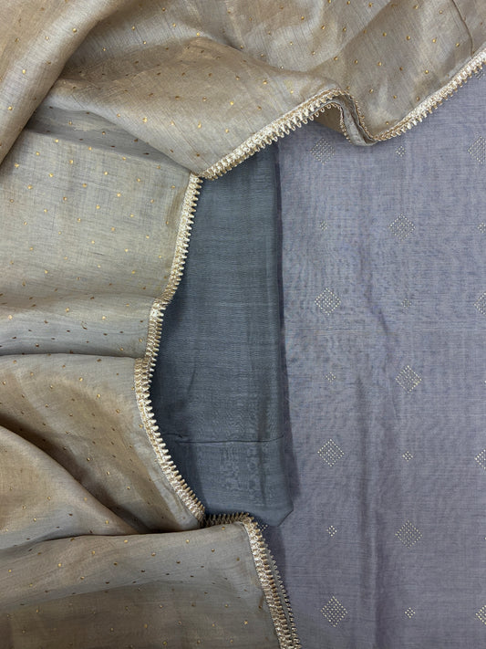 Grey Chanderi Block Print Suit Set