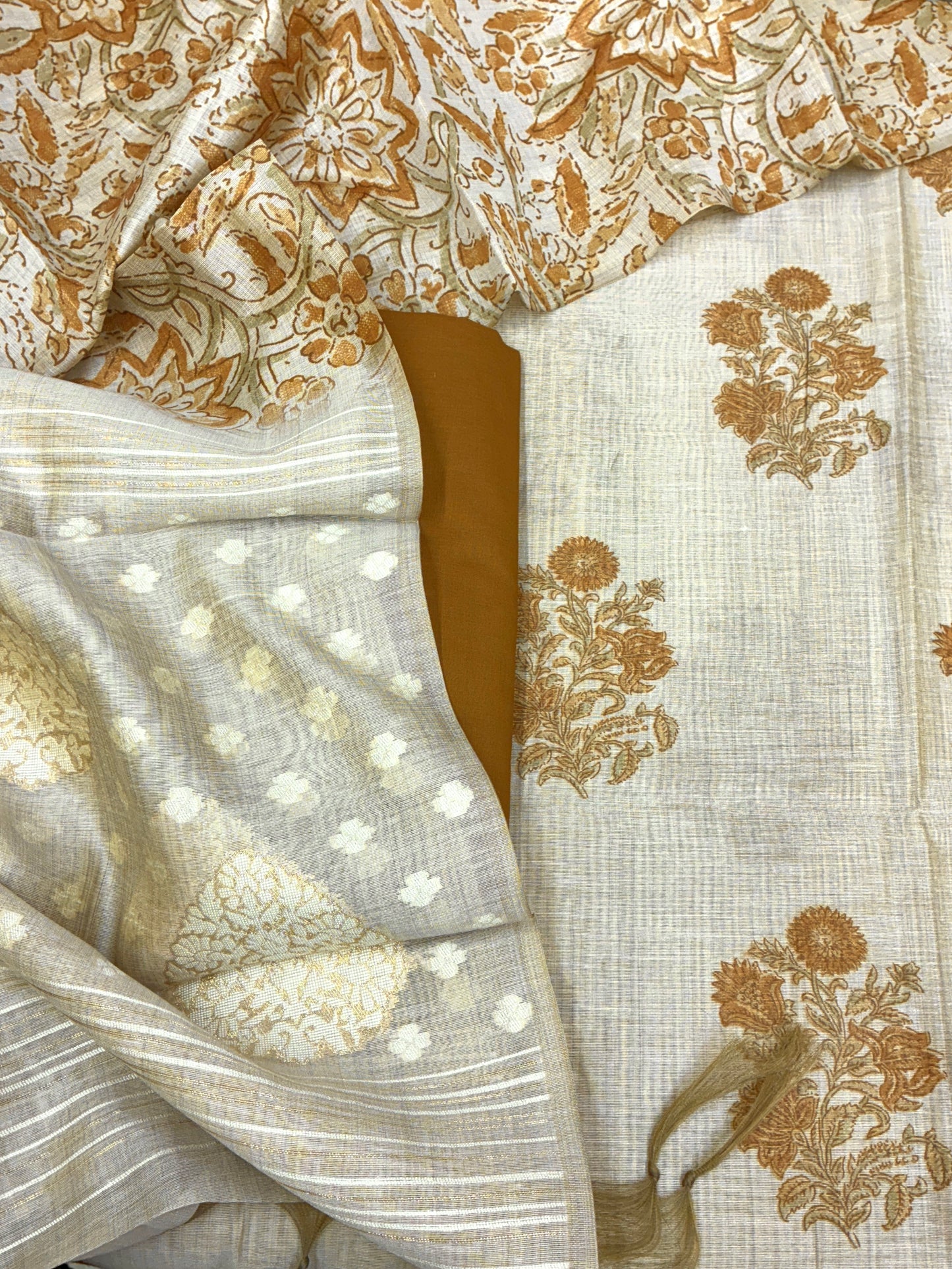 Chanderi Block Printed Suit Set Jamdani Dupatta (Mustard)