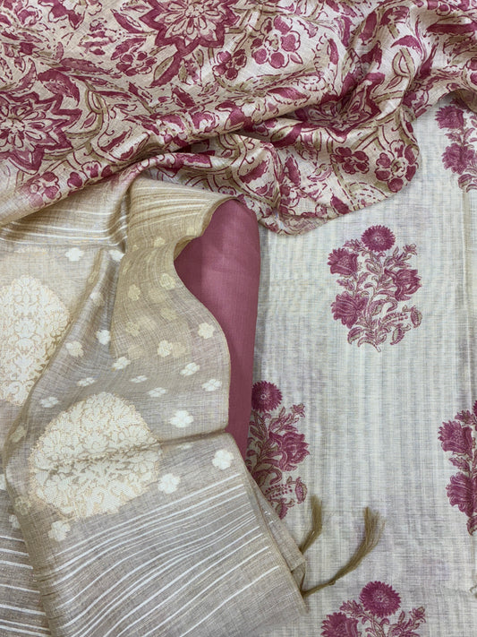 Chanderi Block Printed Suit Set Jamdani Dupatta (Pink)