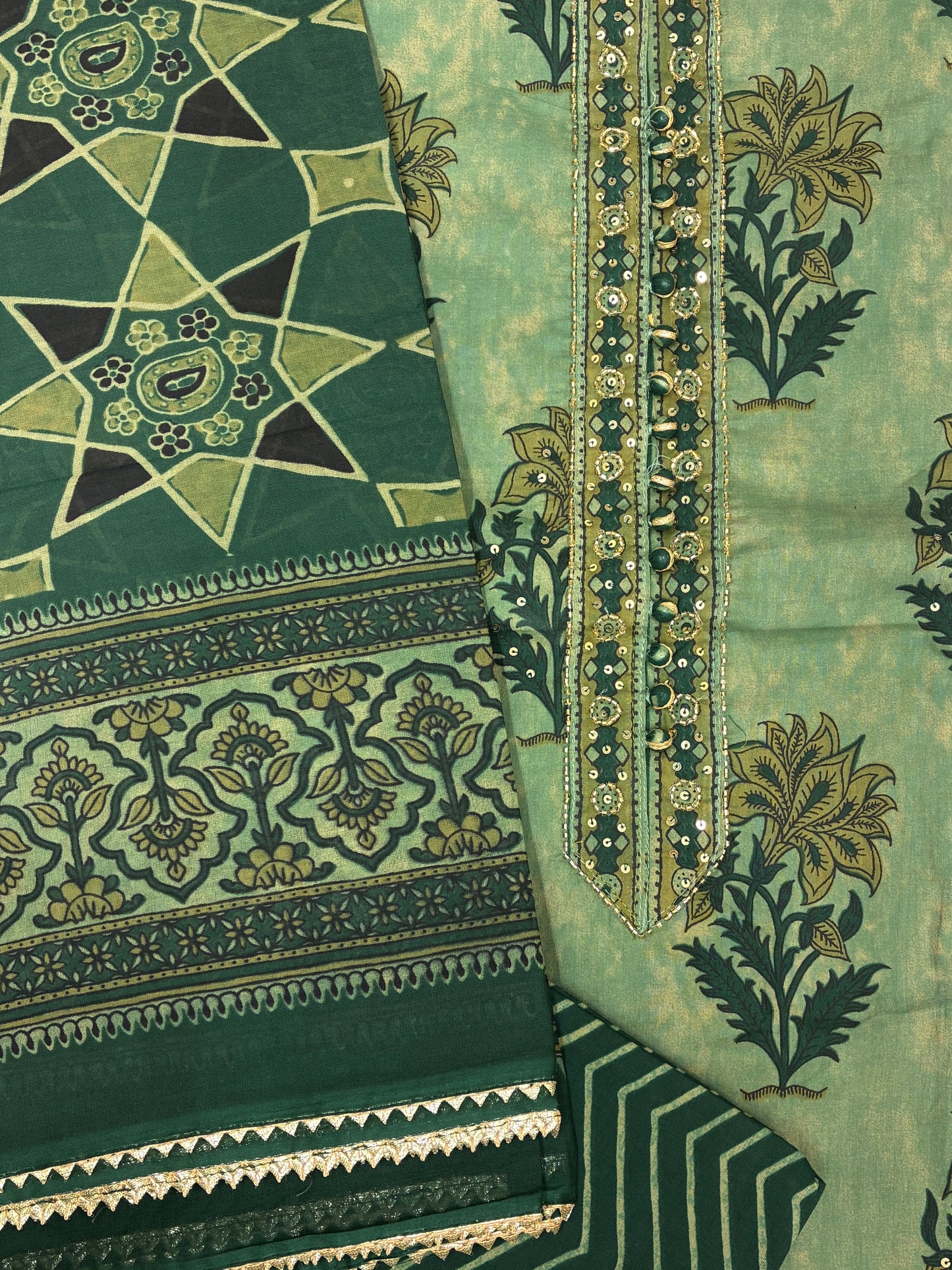 Cotton Litho Block Printed Suit Set (Green)