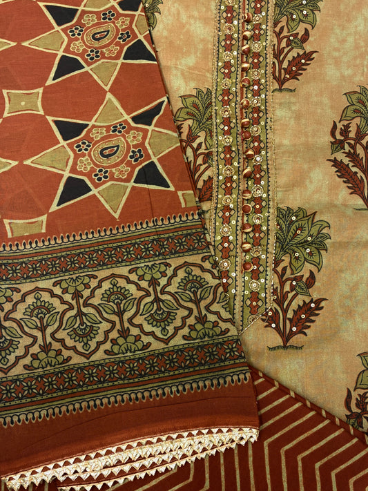 Cotton Litho Block Printed Suit Set (Rust)