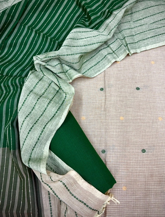 Handloom Cotton Dobby Booty 3 Pc Suit Set (Beige/Green)