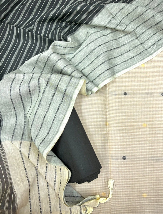 Handloom Cotton Dobby Booty 3 Pc Suit Set (Beige/Black)
