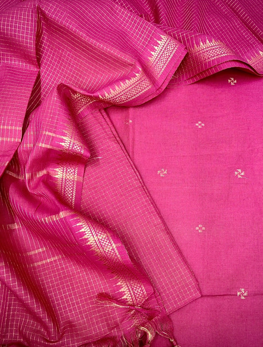 Handloom Cotton Dobby Booty 3 Pc Suit Set (Majenta)
