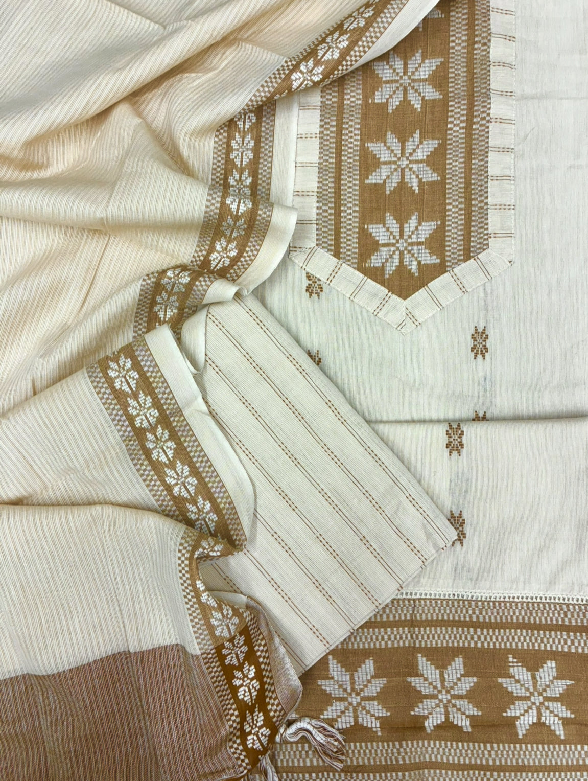 Handloom Cotton Dobby Booty 3 Pc Suit Set (Off White)