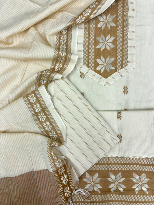 Handloom Cotton Dobby Booty 3 Pc Suit Set (Off White)