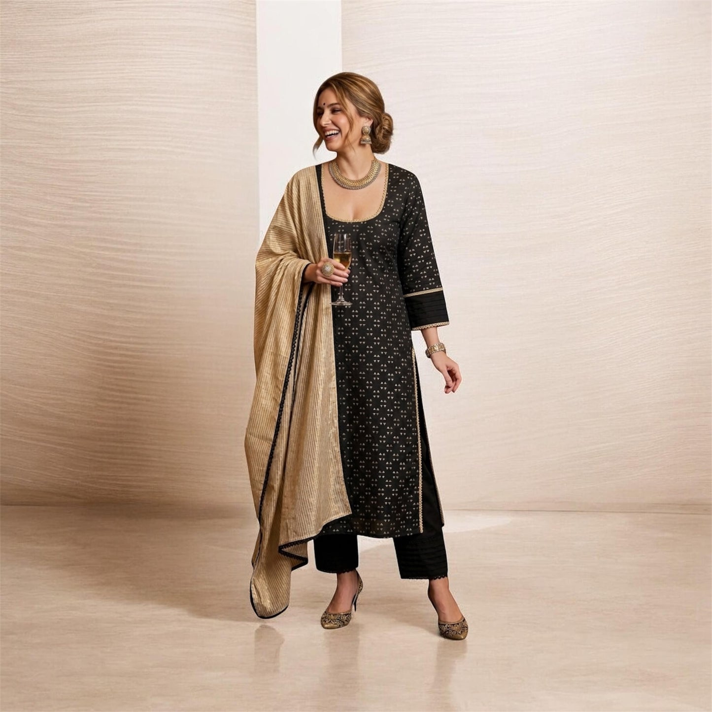 Black Chanderi Block Print Suit Set