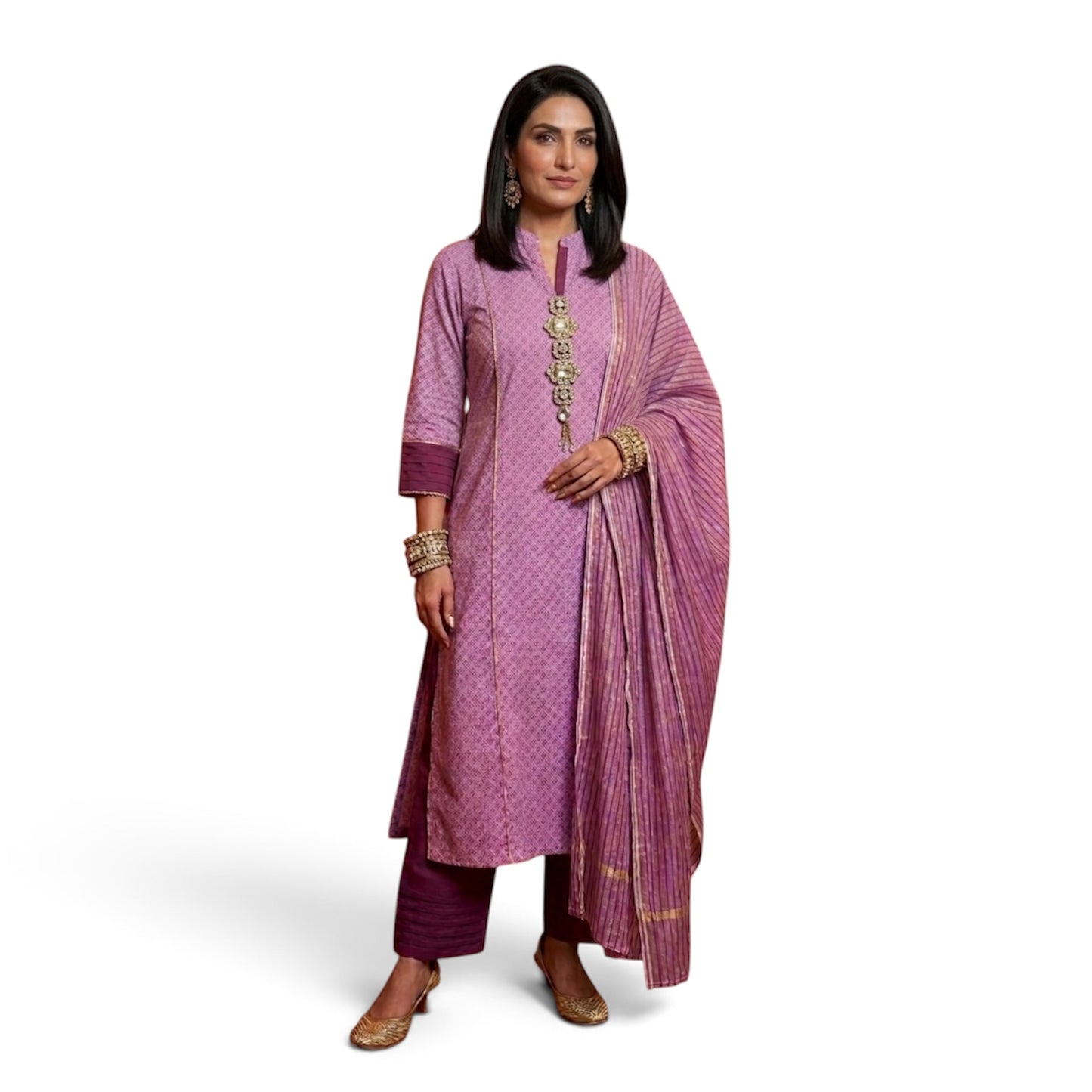 Onion Pink Chanderi Block Print Suit Set
