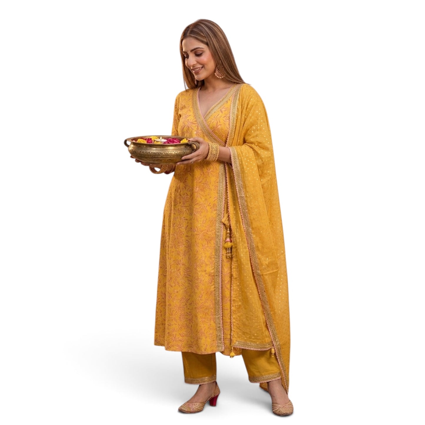 Yellow Chanderi Block Print Suit Set