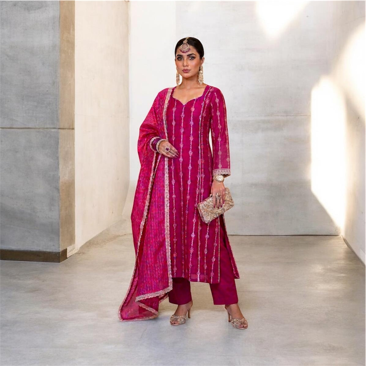 Majenta Chanderi Block Print Suit Set