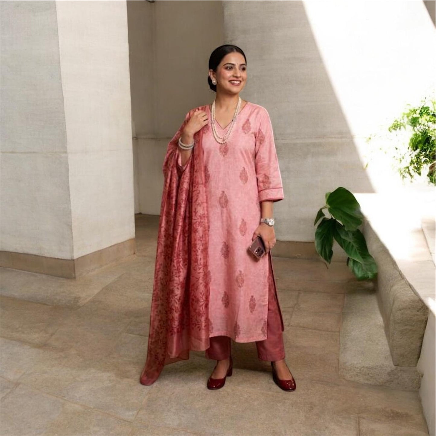 Peach Chanderi Block Print Suit Set