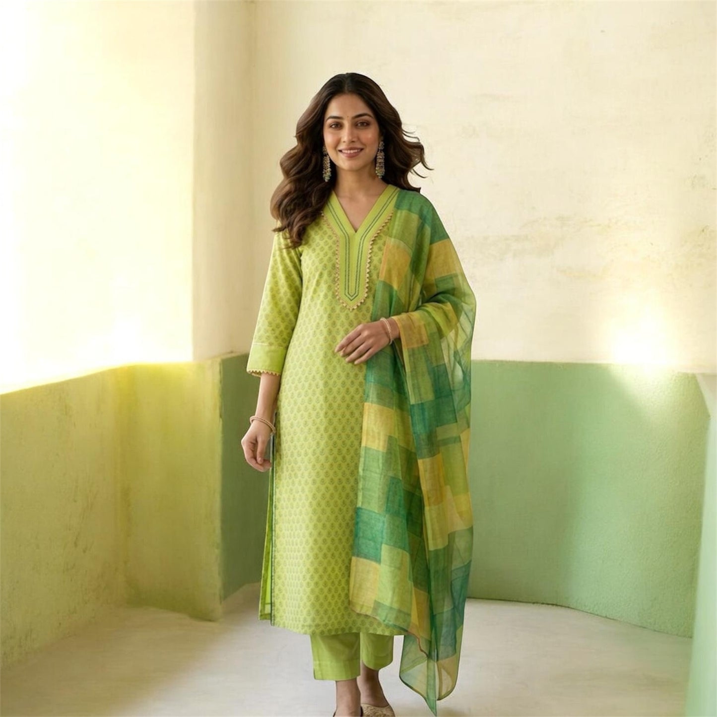 LemonGreen Chanderi Block Print Suit Set