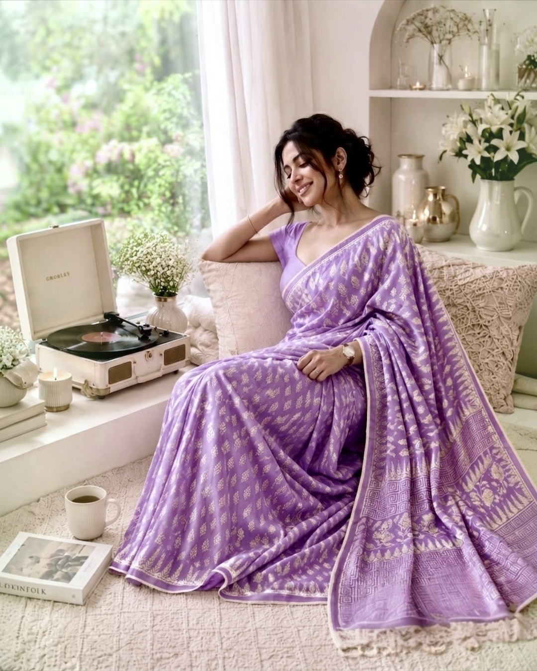 SICO Pastel Block Print Saree (Lavender)