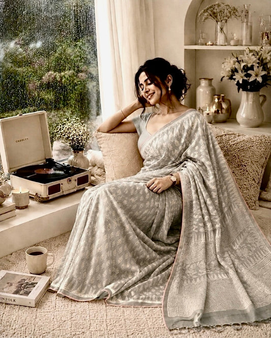SICO Pastel Block Print Saree (Silver Grey)