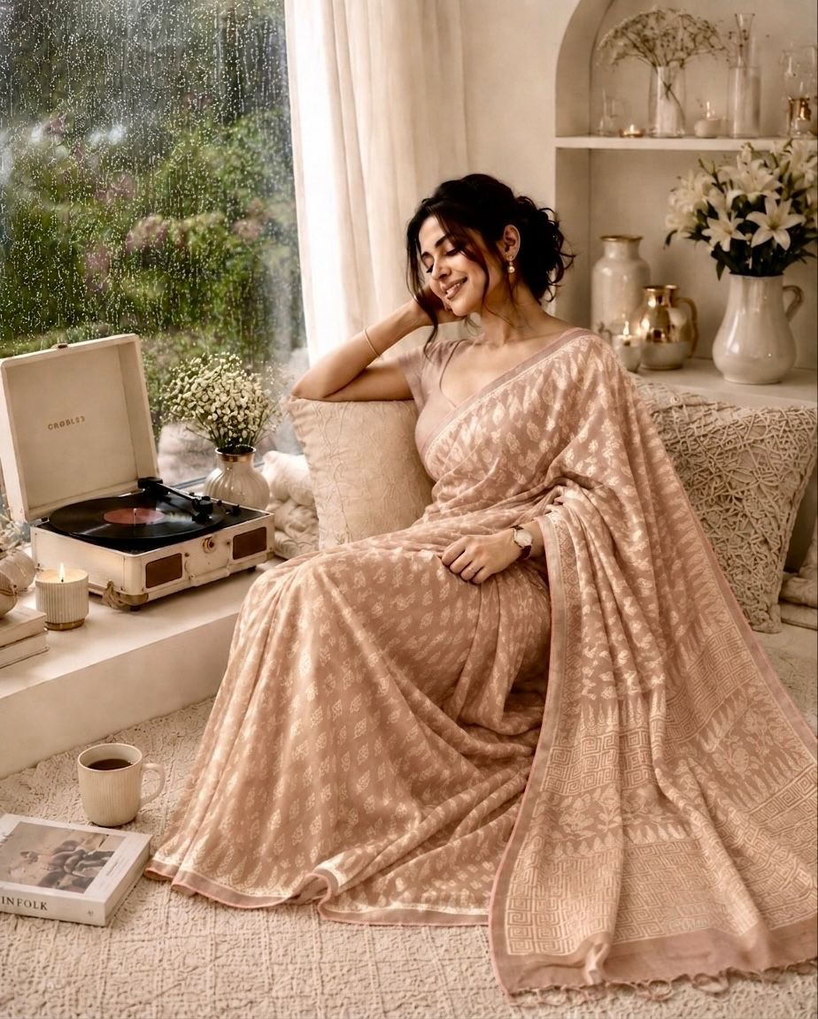 SICO Pastel Block Print Saree (Powder Brown)
