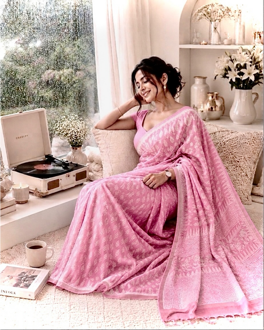 SICO Pastel Block Print Saree (Candy Pink)