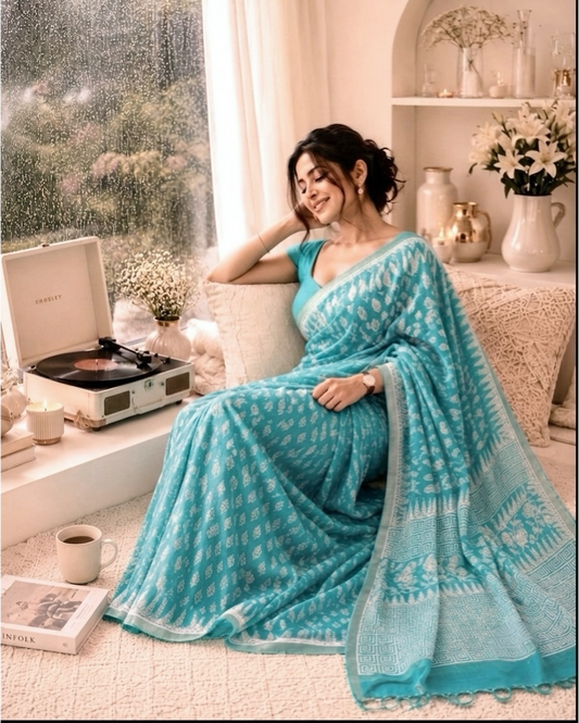SICO Pastel Block Print Saree (Aqua)
