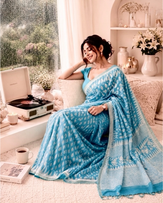 SICO Pastel Block Print Saree (Firozi)